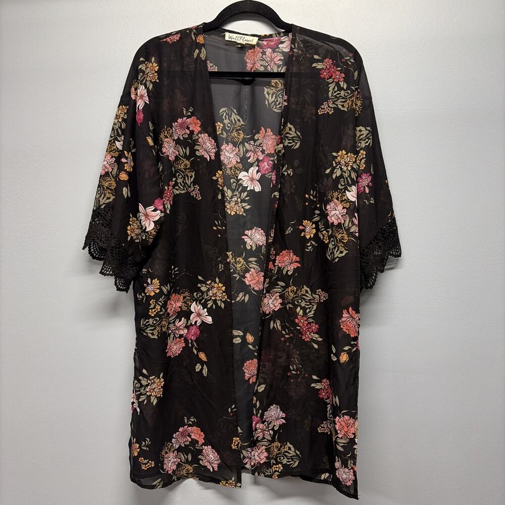 WallFlower Women’s Black Floral Sheer Kimono Crochet Lace Trim Open Front - Sz M